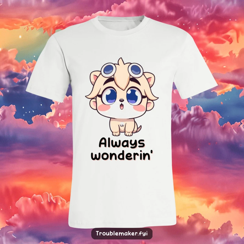 Funny t-shirt featuring a troublemaker character looking up with wide, curious eyes, perfect for wonderers.