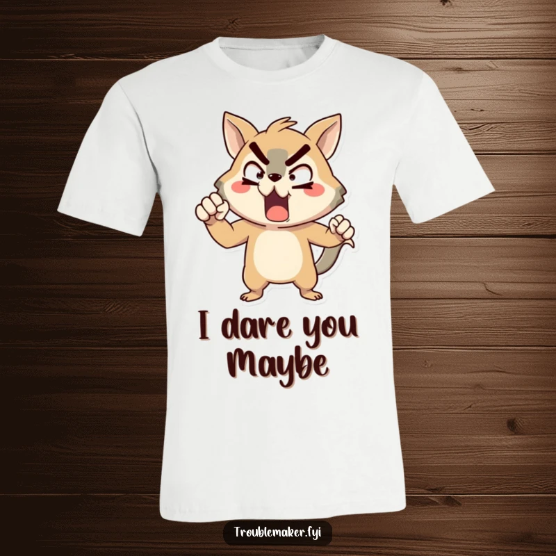 Funny animal character t-shirt, in a comically exaggerated pose of mock defiance, conveying humorous bravery.