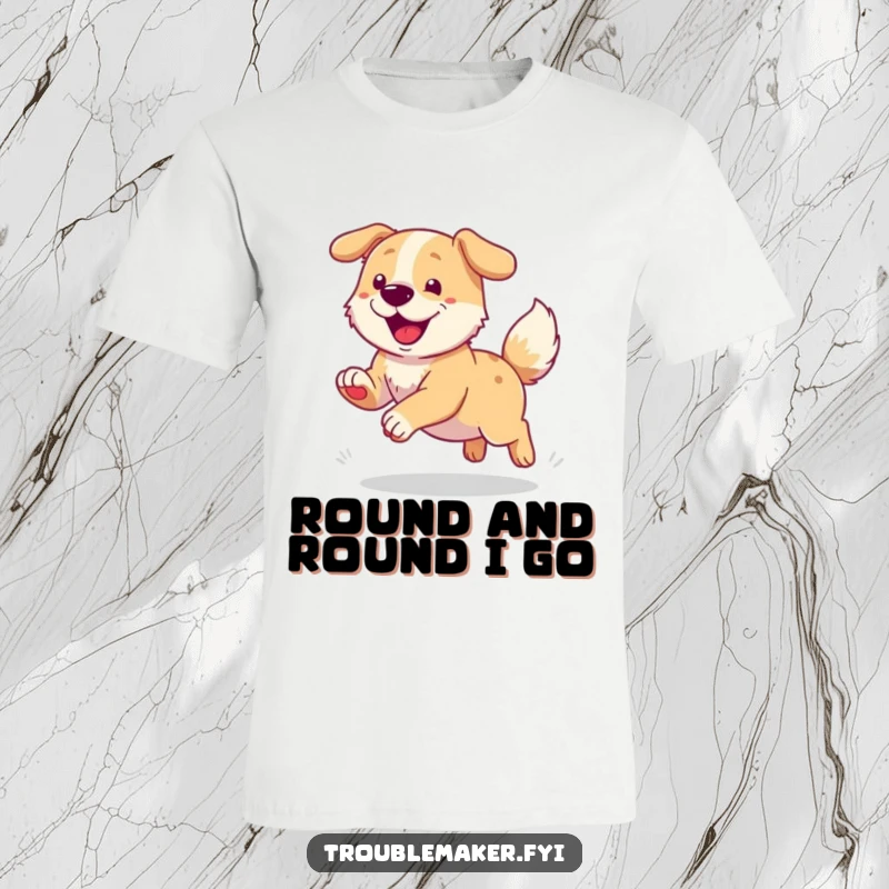 Funny t-shirt graphic of a dog spinning around enthusiastically while chasing its tail, full of pure delight and energy.