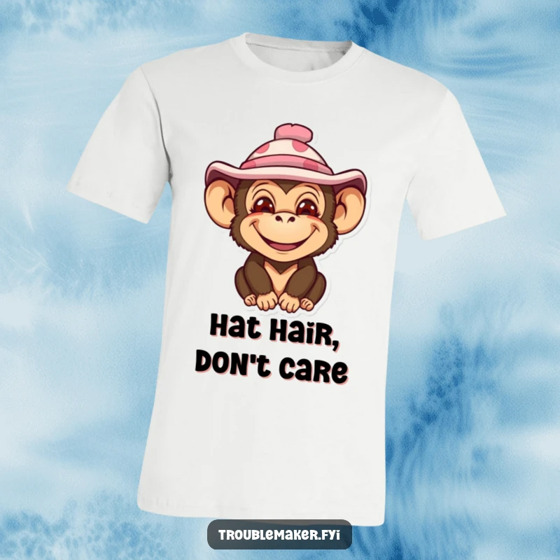 Funny t-shirt showcasing a monkey with a wide, impish grin, sporting a comically silly hat for maximum amusement.