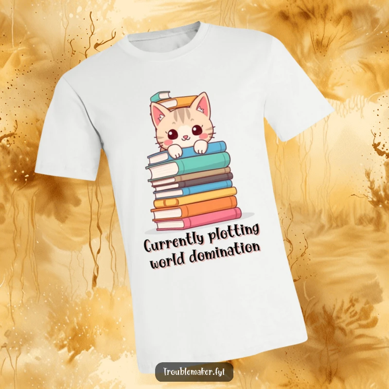Funny cat t-shirt featuring a mischievous cat peeking over a tall stack of books, showcasing literary humor and playful personality.