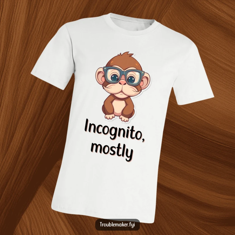 Funny Monkey T-Shirt featuring a primate in oversized glasses and a fake mustache, hilariously attempting to blend in, funny gift.