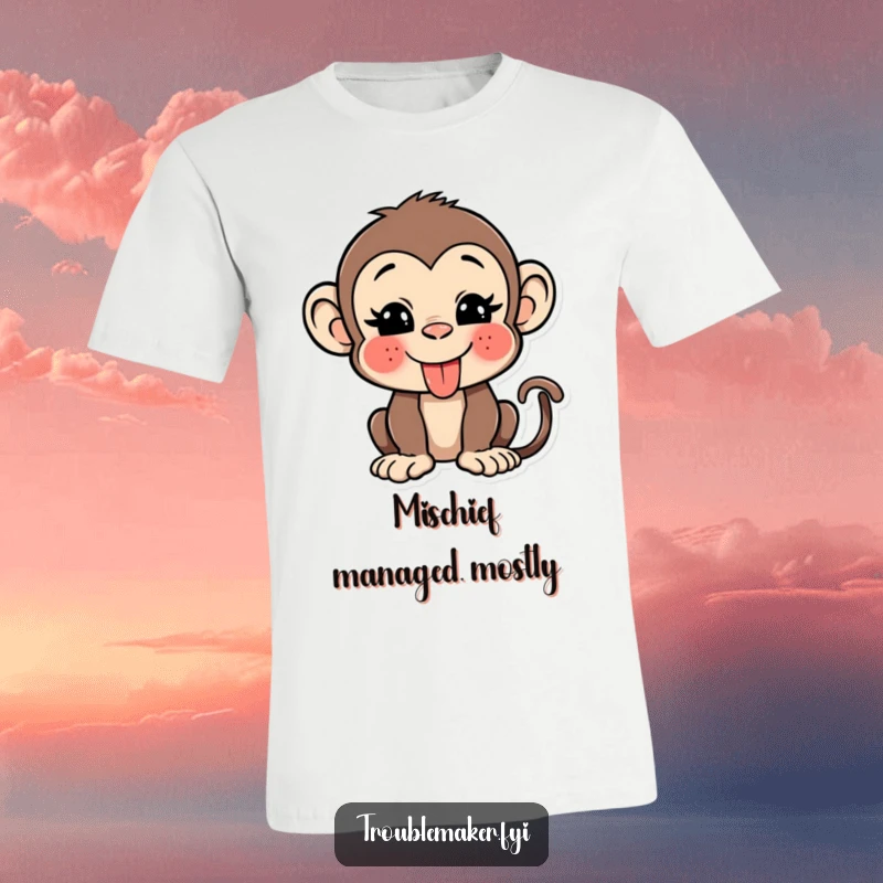 Funny monkey t-shirt with a cartoon character sticking its tongue out and winking playfully, bringing a humorous vibe.
