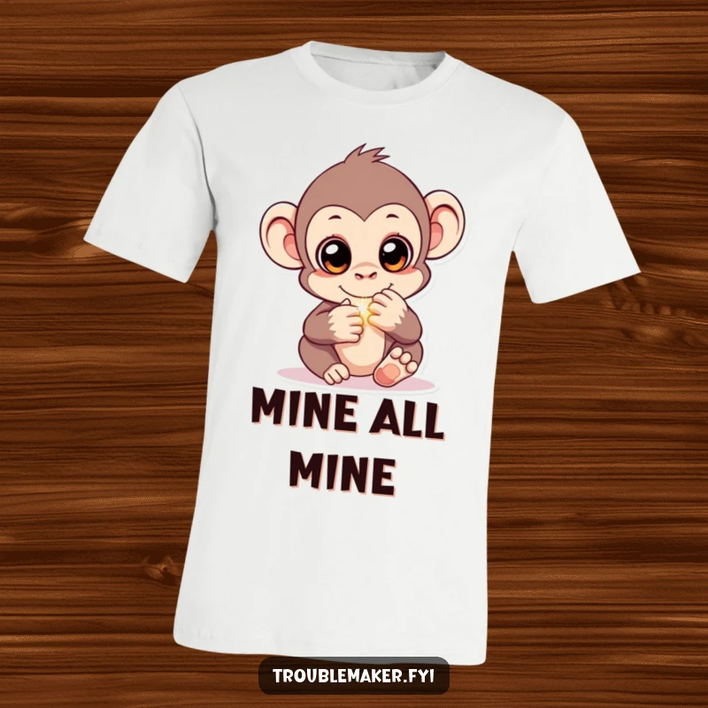 Funny t-shirt graphic of a monkey with dazzling eyes, secretly pocketing a shiny item, representing cunning and playful acquisition.