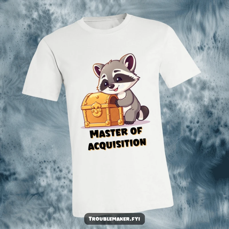 Funny raccoon t-shirt depicting a cheeky raccoon trying to pick the lock of a shiny treasure chest, perfect for adventure lovers.