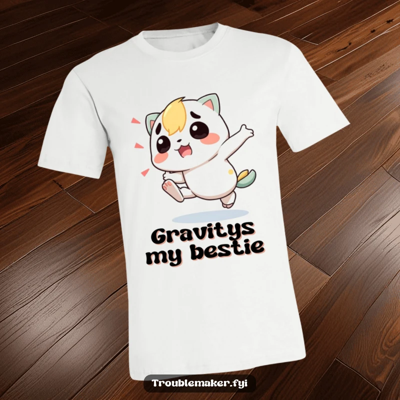 Funny T-Shirt with a troublemaker character hilariously caught mid-trip, its feet tangled in a comical display of pure mischief and joy.