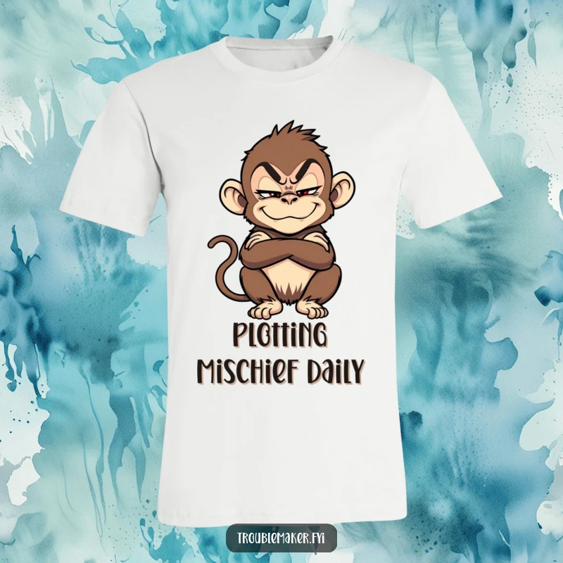 Funny monkey with a sly grin and crossed arms, exuding a troublemaker vibe, on a t-shirt.