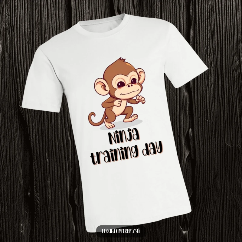 Funny Troublemaker Monkey T-Shirt featuring a monkey sneaking around with exaggerated stealth, ready for fun, great funny gift.