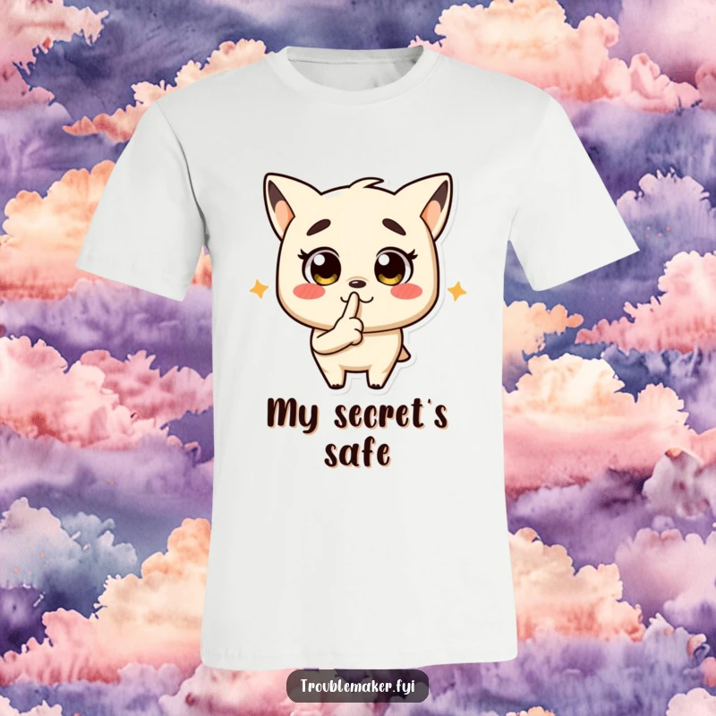 Funny t-shirt featuring a troublemaker character doing a shushing 'quiet' gesture with its finger to its lips.