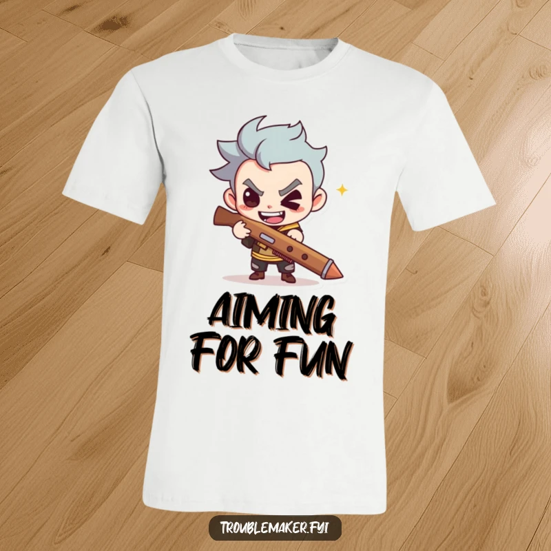 Funny t-shirt depicts a cute troublemaker with a mischievous grin holding a slingshot, perfect for playful pranksters.