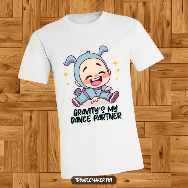 Funny troublemaker character in mid-trip, falling with a comical silly grin, printed on a t-shirt, celebrating playful mishaps and chaos.