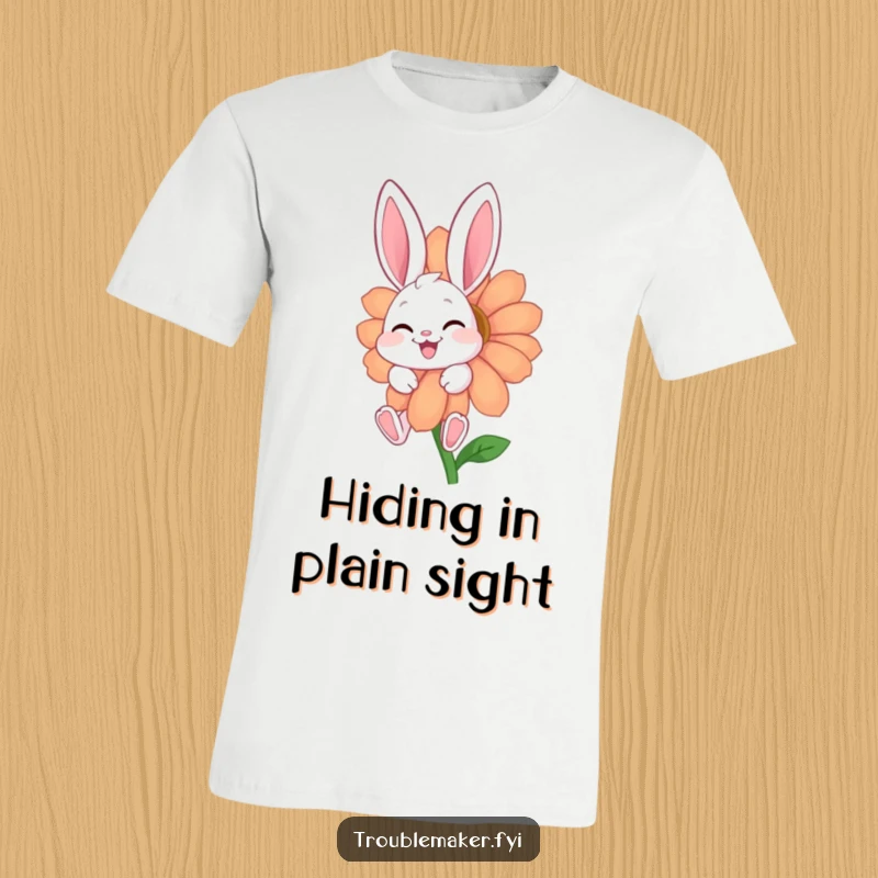 Funny t-shirt featuring a giggling bunny character mischievously hiding behind a large, brightly colored flower, radiating pure happiness.