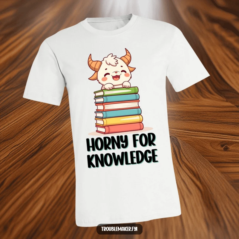 Funny t-shirt showcasing a playful horned creature struggling to balance an impressive stack of books, highlighting study humor.