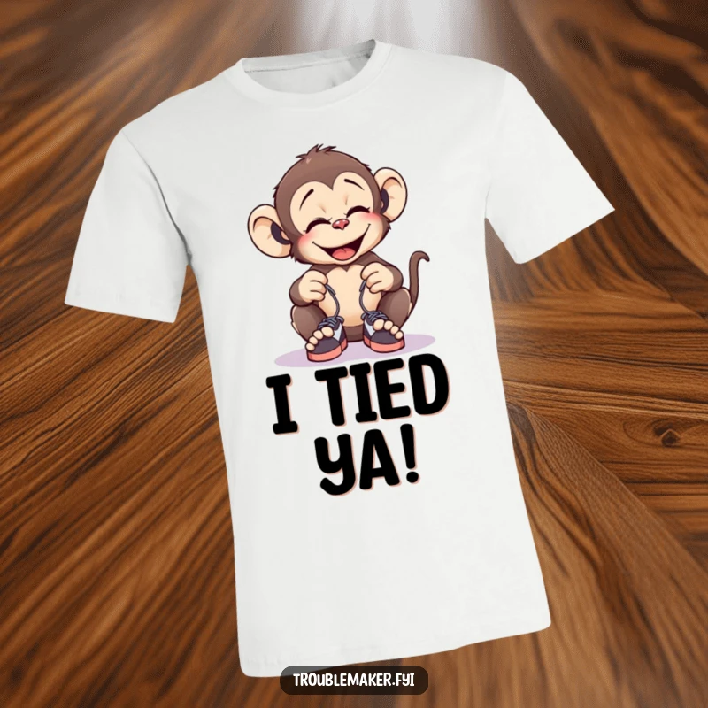 Funny t-shirt featuring a giggling monkey tying tiny shoelaces together, embodying playful mischief and humor.