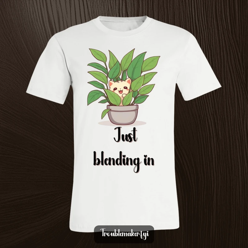 Funny t-shirt illustration of a creature hiding playfully behind a large houseplant, capturing a moment of shy delight.