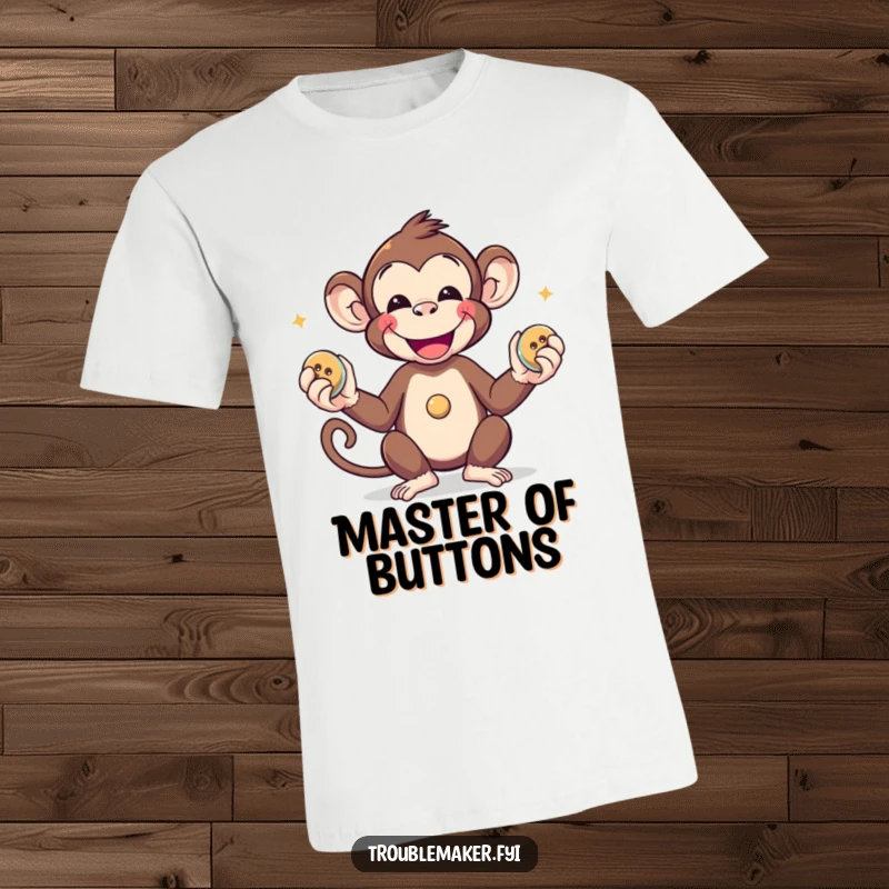 Funny monkey smiling while juggling three shiny buttons, printed on a casual t-shirt.