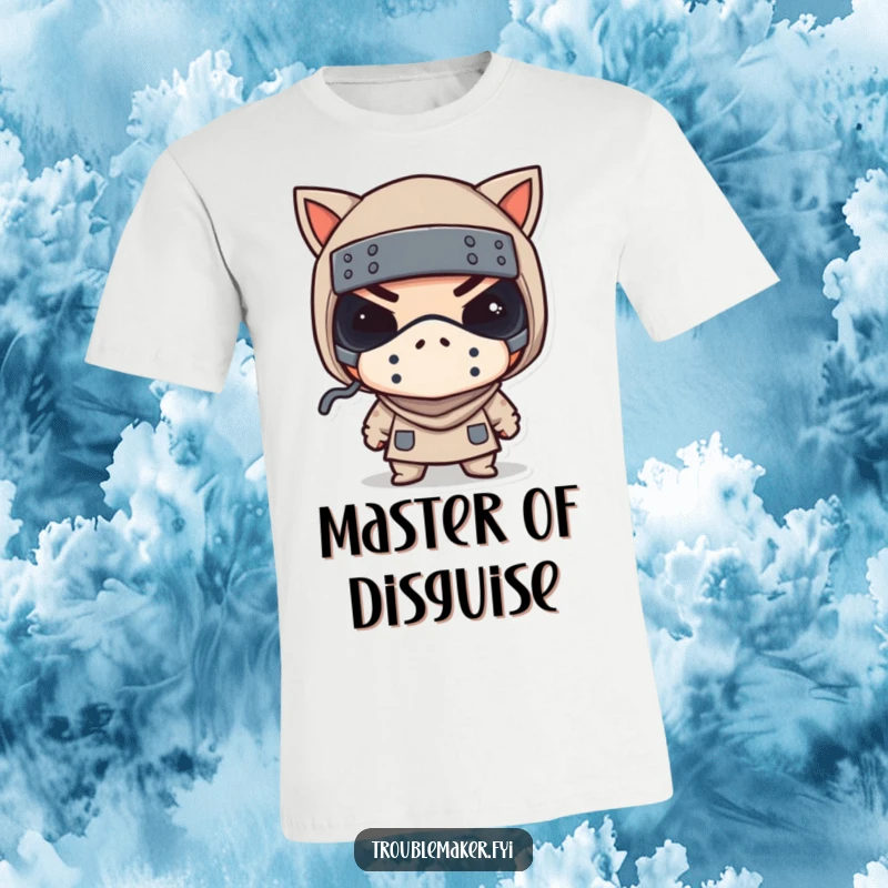 Funny t-shirt depicts a troublemaker in a tiny bandit mask winking, perfect for playful rogues and pranksters.