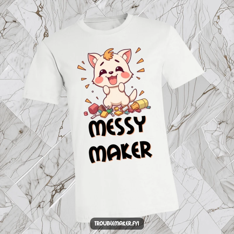 Funny t-shirt depicting a happy animal character enthusiastically creating small, chaotic messes, radiating playful and funny energy.
