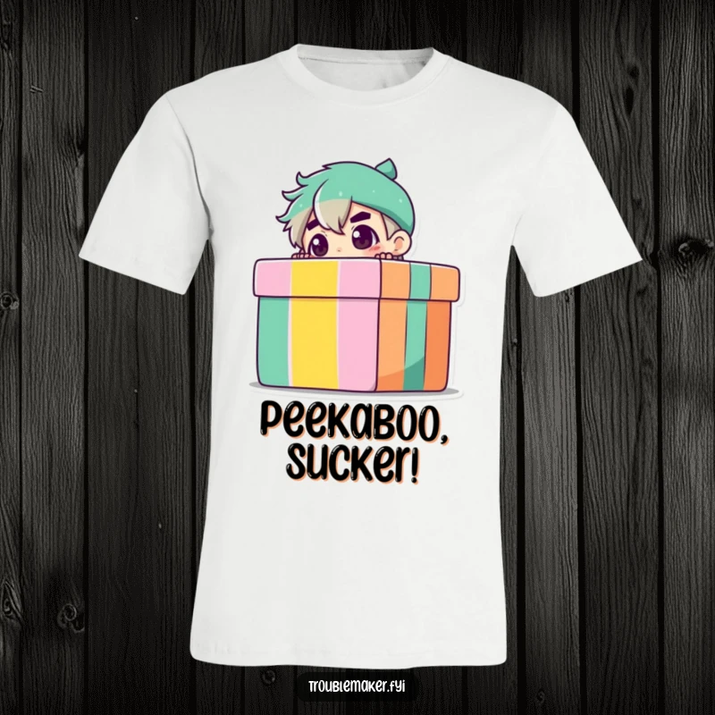 Funny T-Shirt with a troublemaker character peeking out from behind a vibrant gift box, inviting laughter and curiosity.