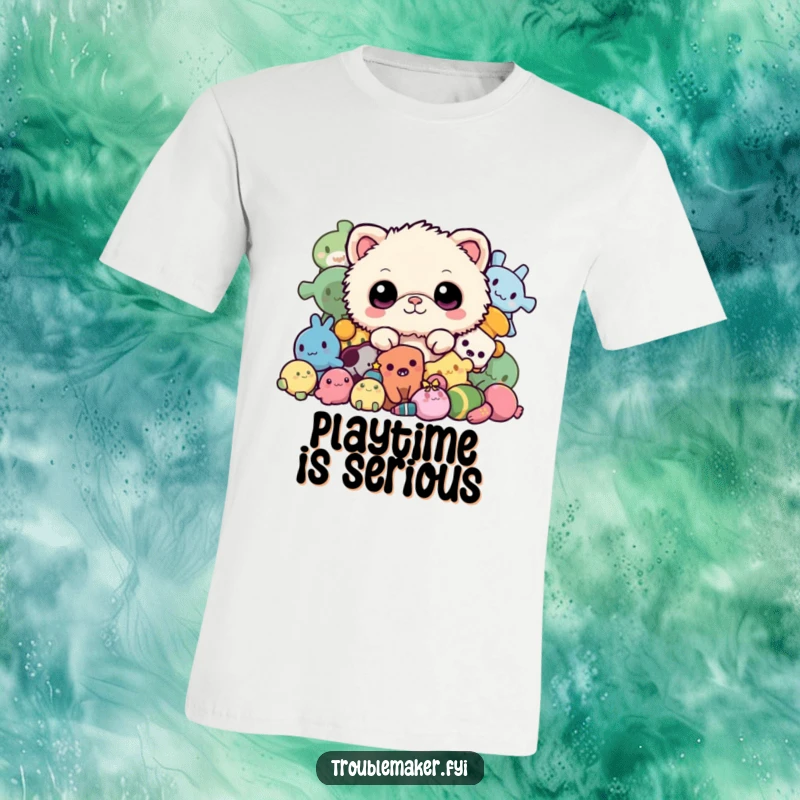 Funny t-shirt with a fuzzy creature peeking out from a pile of toys, showcasing playful innocence and a hidden sense of fun.