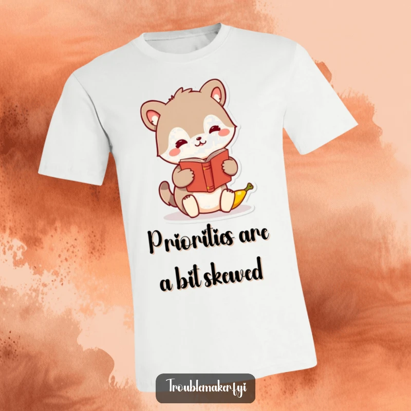 Funny animal character t-shirt, playfully swapping a book for a ripe banana, showcasing whimsical, humorous absurdity.