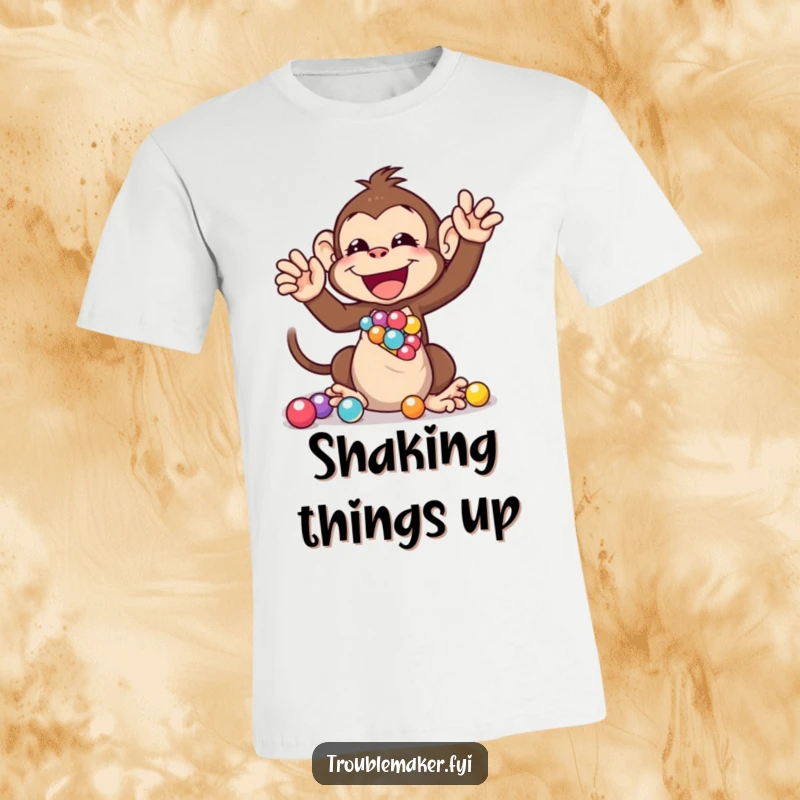 Funny t-shirt graphic of a monkey gleefully shaking a bag of marbles, representing playful chaos and infectious energy.