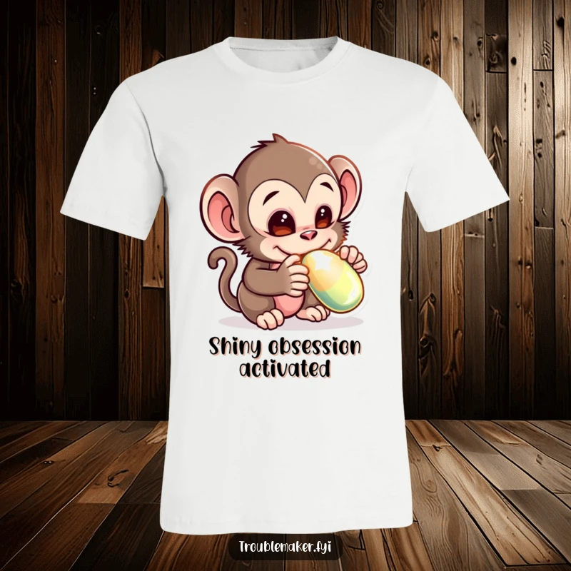 Funny t-shirt featuring a mischievous monkey creature caught in the act of adorably stealing a shiny object, expressing pure playful naughtiness.