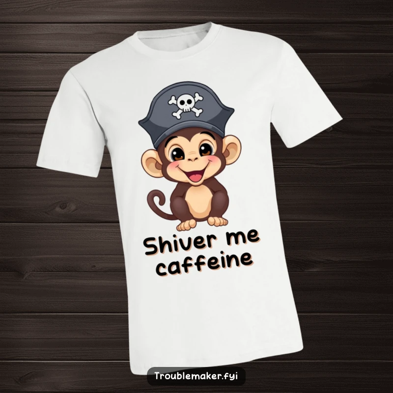 Funny mischievous monkey wearing a small pirate hat, ready for a treasure hunt, printed on a t-shirt.