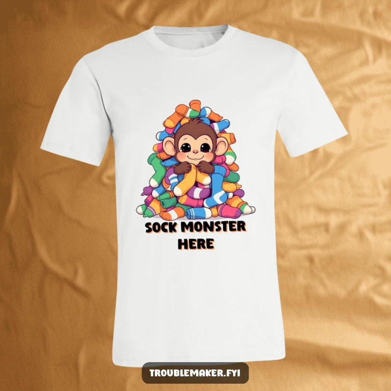 Funny monkey hiding behind a big pile of colorful socks, printed on a casual t-shirt.