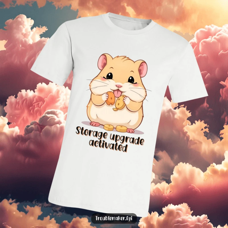 Funny T-Shirt design of a hamster with comically large, stuffed cheeks, bursting with treats, showcasing pure joy and a love for food.