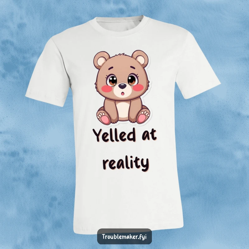 Funny T-Shirt design of a young bear cub with comically large, wide-open eyes, conveying a sense of utter surprise and innocent disbelief.