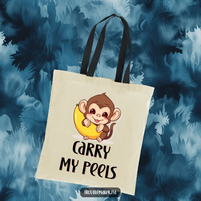 Funny tote bag depicting a mischievous monkey hiding behind a banana peel, ideal for carrying essentials with a cheeky vibe.