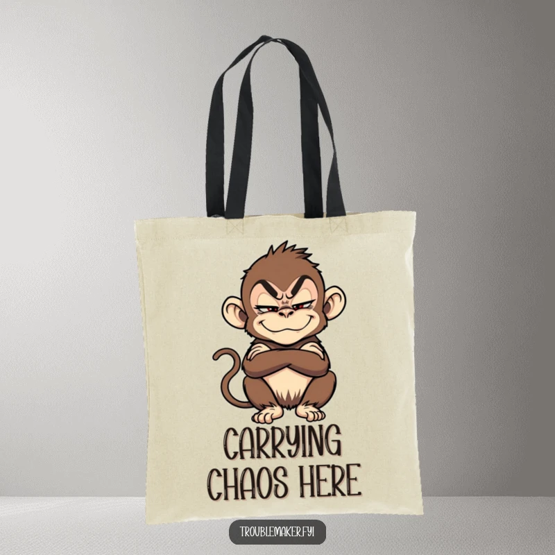 Funny monkey arms crossed with a sly grin, looking like a troublemaker, on a durable tote bag.
