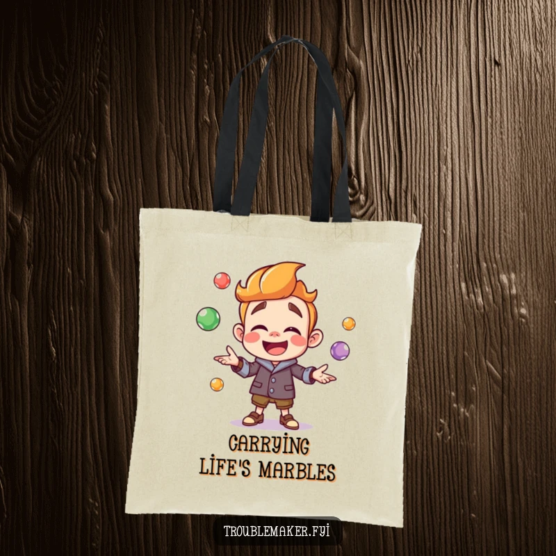 Funny troublemaker character juggling colorful marbles on a tote bag, symbolizing playful skill and a vibrant, cheerful personality.