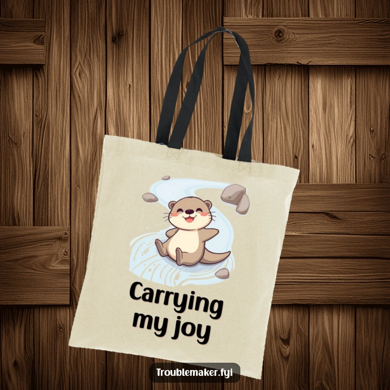 Funny tote bag with a cheerful otter character gleefully sliding down a winding riverbank, perfect for carrying life's essentials.