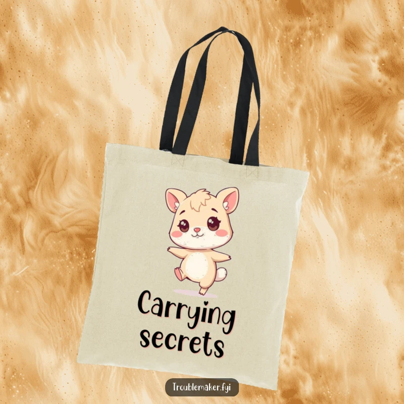 Funny sneaky animal tote bag, an animal character tiptoeing with a mischievous twinkle, great for carrying essentials humorously.
