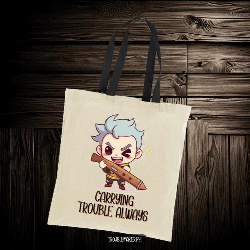 Funny tote bag shows a cute troublemaker with a mischievous grin holding a slingshot, combining practicality with playful humor.