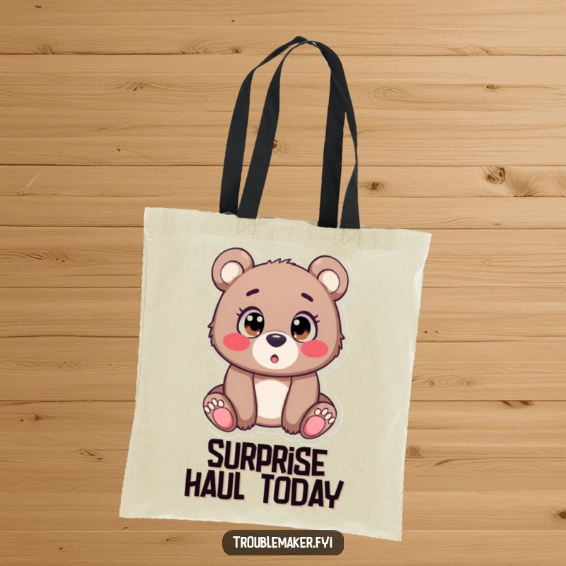 Funny Tote Bag featuring a bear cub with wide, surprised eyes, ready to 'take in' all your belongings and express amazement at everything.