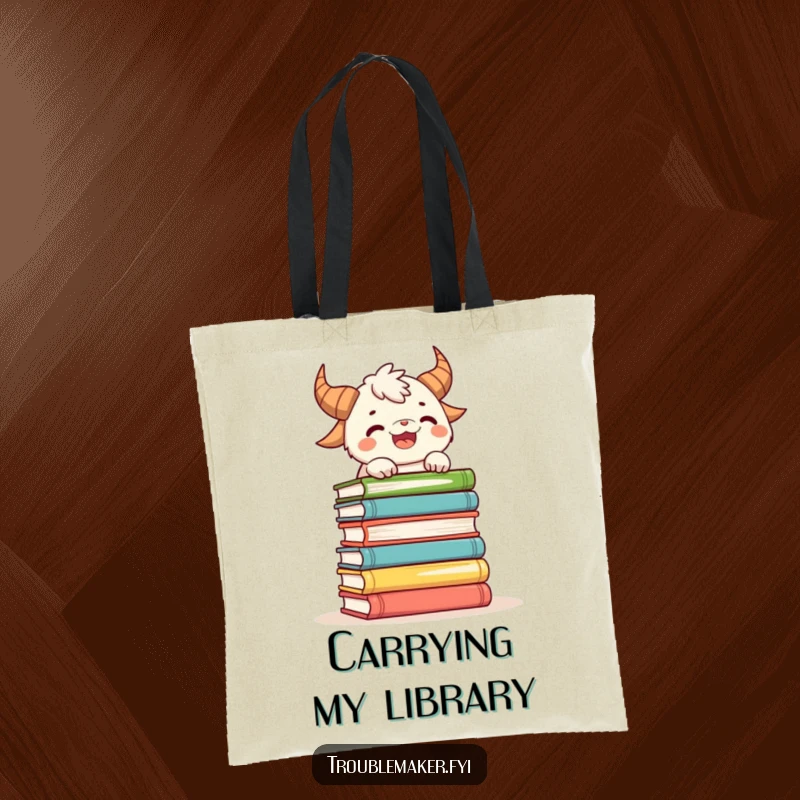 Funny tote bag illustrating a playful horned creature balancing a precarious stack of books, perfect for carrying literary treasures.