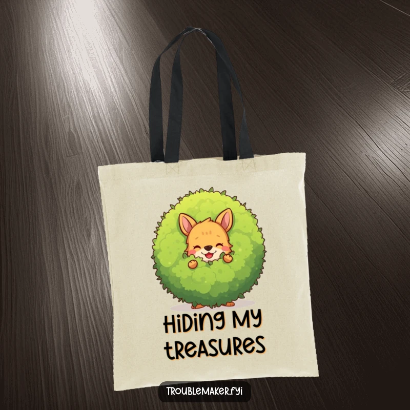 Funny mischievous animal character hiding behind a large, smiling bush, printed on a durable tote bag.