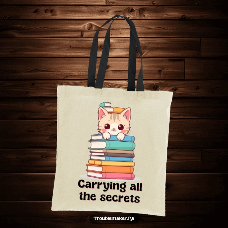 Funny cat tote bag featuring a mischievous cat peeking over a stack of books, perfect for carrying literary treasures with humor.