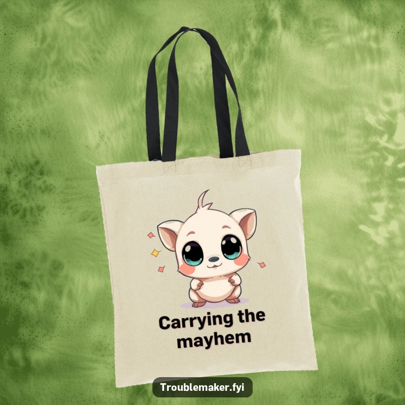 Funny tote bag with a small creature with wide, curious eyes gently causing mild chaos, perfect for carrying daily items with a humorous flair.