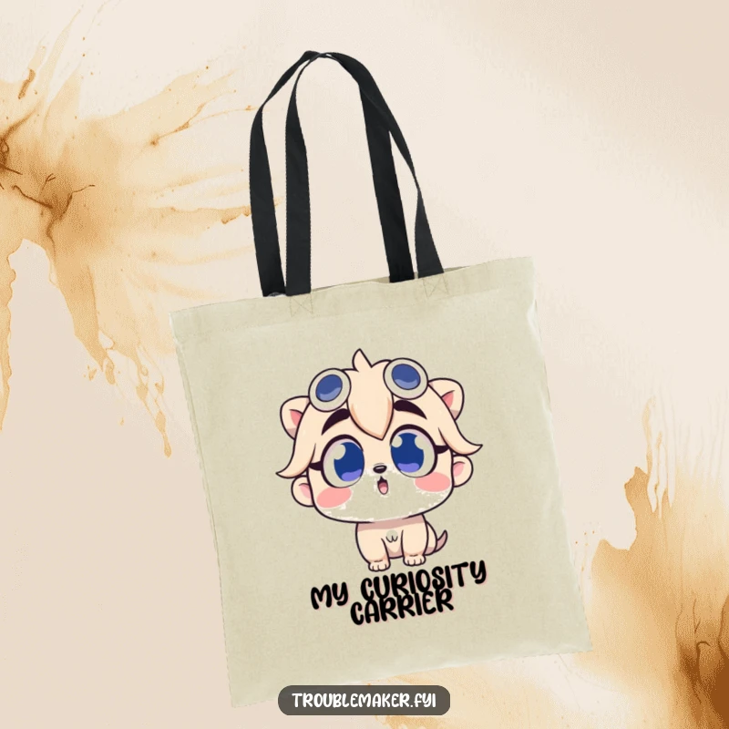 Funny tote bag featuring a troublemaker character looking up with wide, curious eyes, perfect for adventurers.