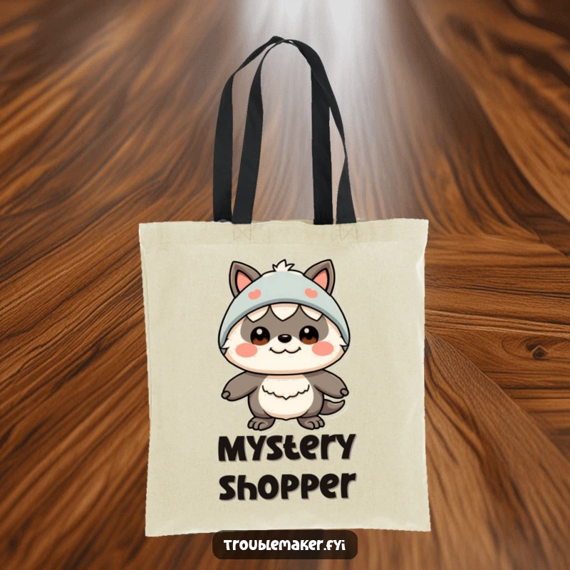 Funny tote bag showcasing a creature with a funny expression and a silly disguise, perfect for carrying essentials with a humorous and stylish flair.