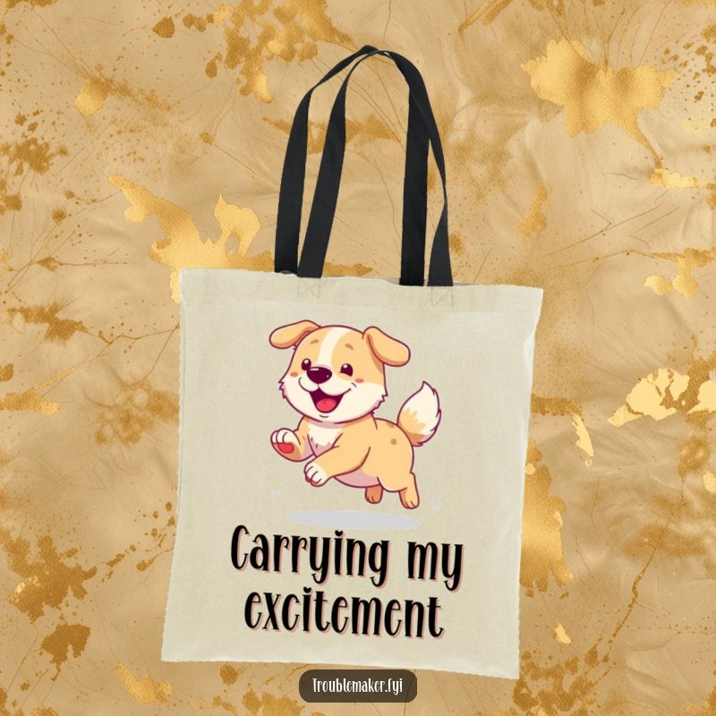 Funny tote bag showing a dog joyfully chasing its tail, perfect for carrying essentials with a dose of happy dog energy.