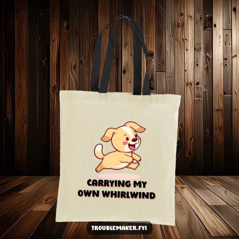 Funny dog tote bag depicting a playful dog chasing its tail, perfect for carrying everyday items with canine-themed humor.