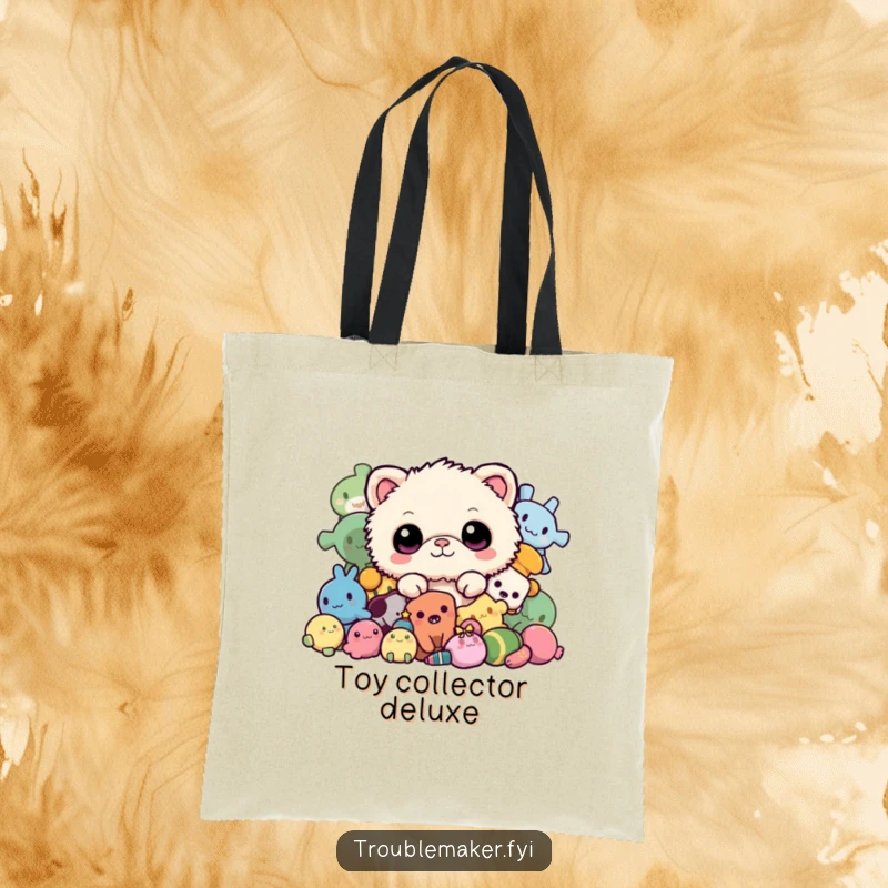 Funny tote bag with a fuzzy creature peeking from a pile of toys, perfect for stylishly carrying essentials with a hint of playful charm.