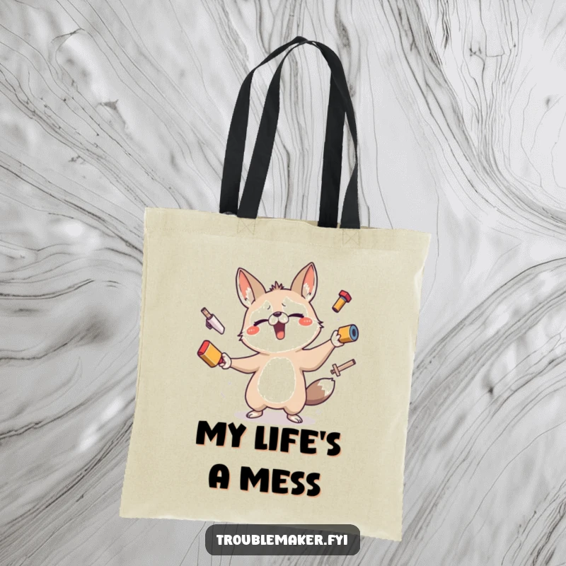 Funny tote bag illustrating a determined animal character hilariously trying to juggle numerous unstable items, exuding playful mischief.