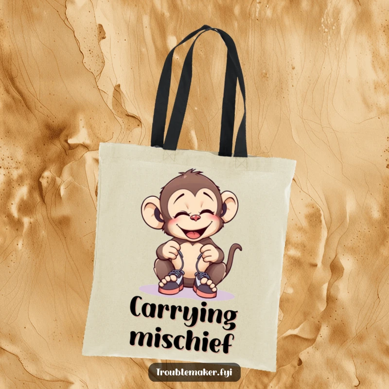 Funny tote bag showing a giggling monkey tying tiny shoelaces together, perfect for carrying items with a humorous touch.