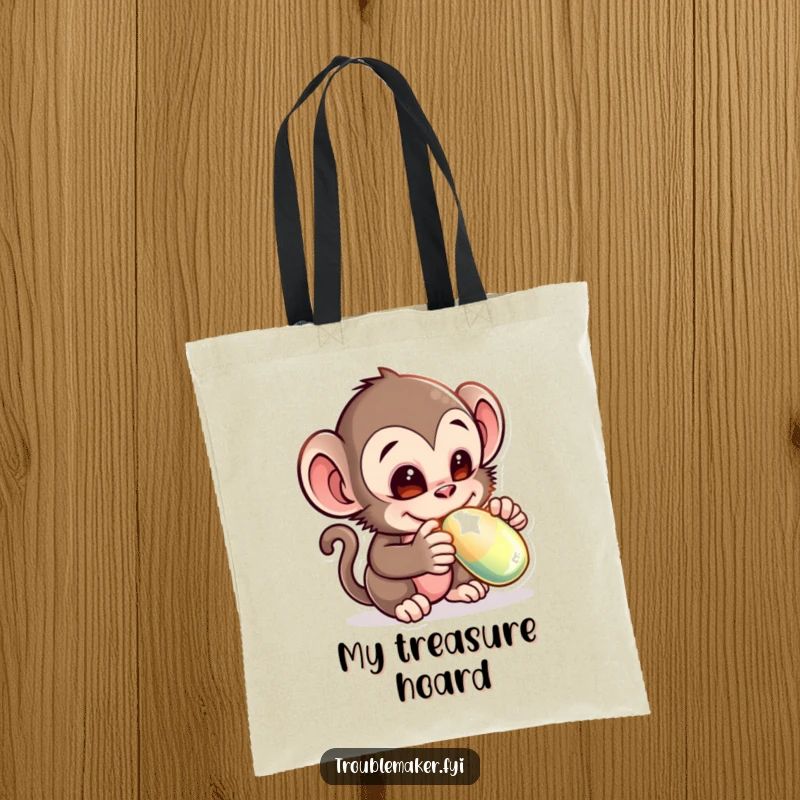 Funny tote bag showcasing a mischievous monkey creature adorably stealing a shiny object, perfect for carrying treasures with a humorous flair.